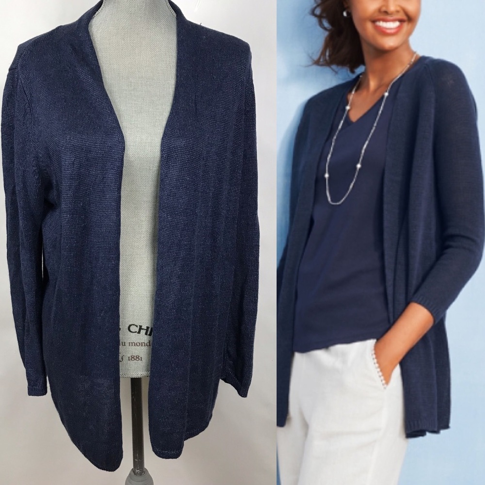 Talbots Navy Linen cardigan open front sweater